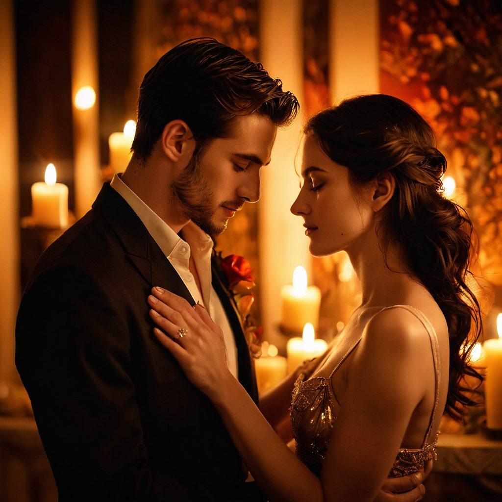 A passionate couple in an intimate setting, surrounded by soft candlelight, with evocative expressions that capture the essence of desire. The background features an enchanting blend of warm colors and delicate textures, symbolizing romance and connection. Incorporate subtle elements like intertwined hands and glimmers of light to evoke a sense of closeness. surrealistic style. rich hues. soft focus.