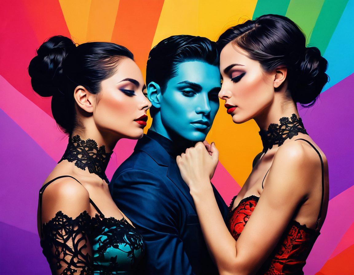 An abstract representation of desire, featuring intertwined silhouettes symbolizing diverse kinks and fetishes, set against a backdrop of vibrant colors that evoke passion and curiosity. Incorporate subtle elements like whips, lace, and masks woven into the design, while ensuring an air of mystery. The overall composition should be dynamic and inviting, sparking intrigue about modern dating preferences. digital painting. vivid colors. dreamy atmosphere.