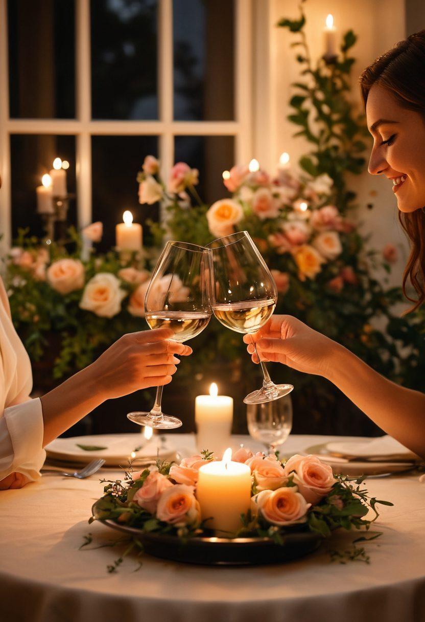 A romantic and intimate setting featuring two people sharing a playful, flirtatious moment over dinner, surrounded by soft candlelight and lush flowers. The atmosphere should convey a sense of warmth and connection, with subtle body language indicating attraction and intrigue. Include delicate touches like a wine glass clink and smiles exchanged. dreamy, warm colors. soft focus.
